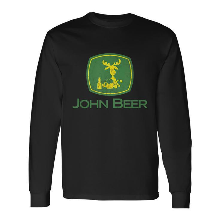 Distressed S Tractor John Beer Deer Farmer Tshirt Long Sleeve T-Shirt