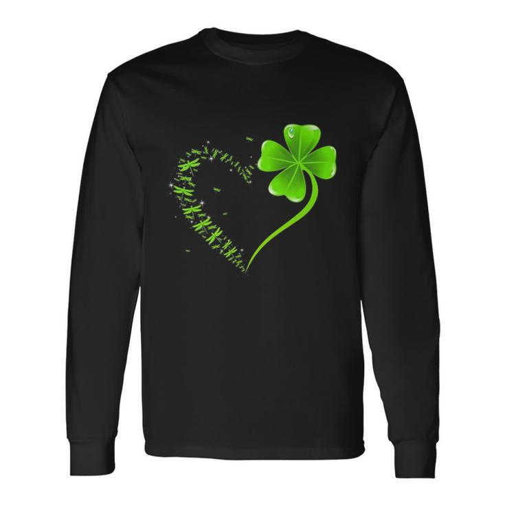 Dragonfly Heart Irish Shamrock Heart Clover St Patrick Day Long Sleeve T-Shirt