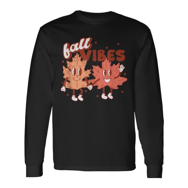 Fall Vibes Pumpkins Leaves Autumn Vibes Red With Gold Long Sleeve T-Shirt