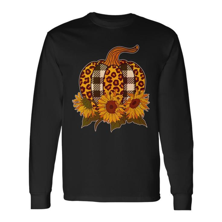 Fashion Autumn Leopard Buffalo Plaid Pumpkin Long Sleeve T-Shirt