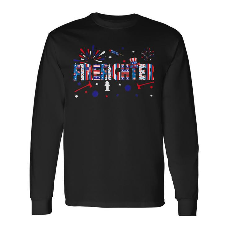 Firefighter Retro American Flag Firefighter Jobs 4Th Of July Fathers Day Long Sleeve T-Shirt