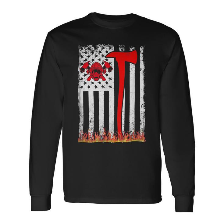 Firefighter Wildland Firefighter Axe American Flag Thin Red Line Fire Long Sleeve T-Shirt