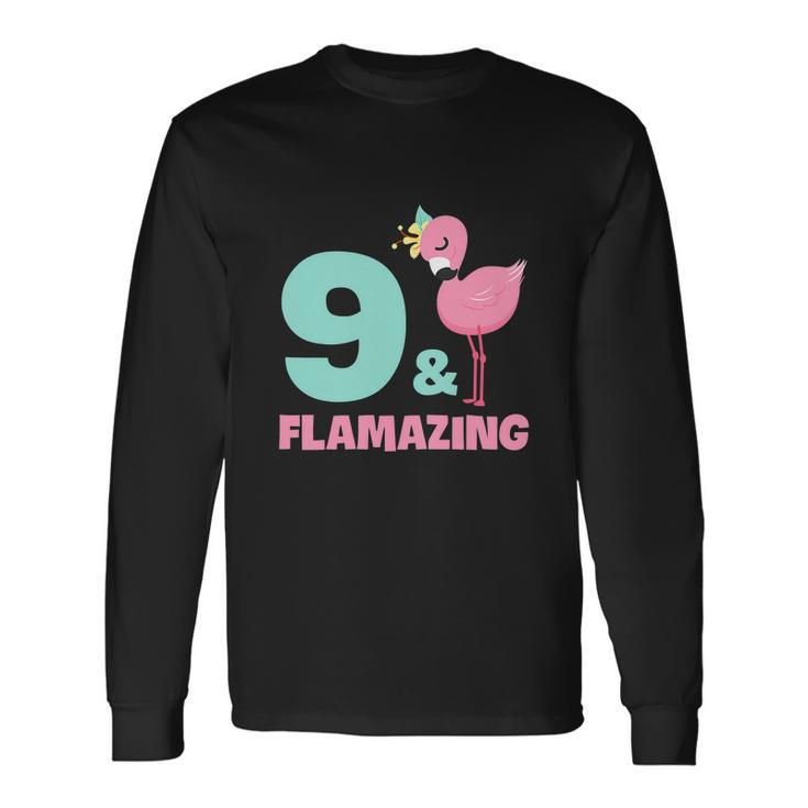 Flamingo Girl Birthday Party 9 Years Old Long Sleeve T-Shirt