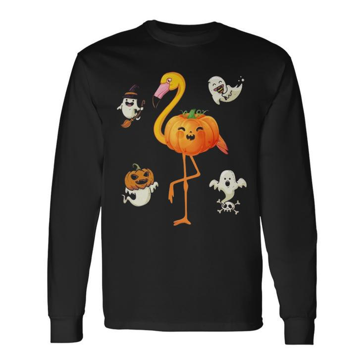 Flamingo Pumpkin Halloween Bird Lover For Girls And Boys Tshirt Long Sleeve T-Shirt