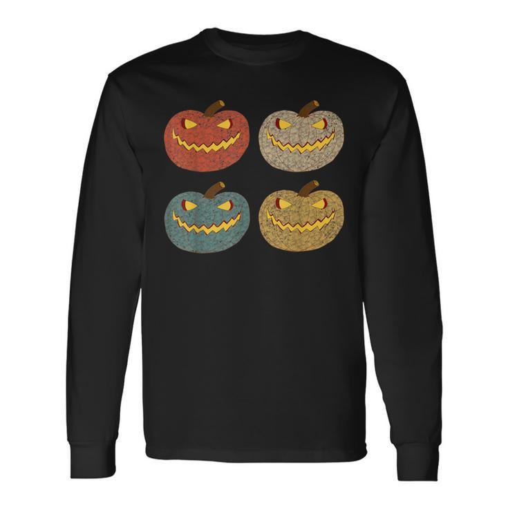 Four Scary Glowing Pumpkins Halloween Jack O Lantern Fall Long Sleeve T-Shirt