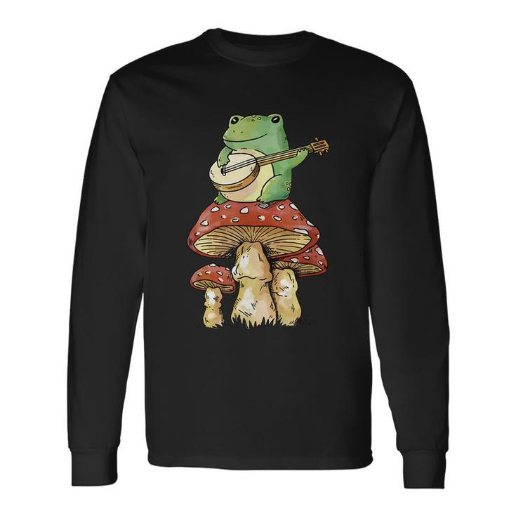 Frog Playing Banjo On Mushroom Cute Cottagecore Aesthetic Long Sleeve T-Shirt