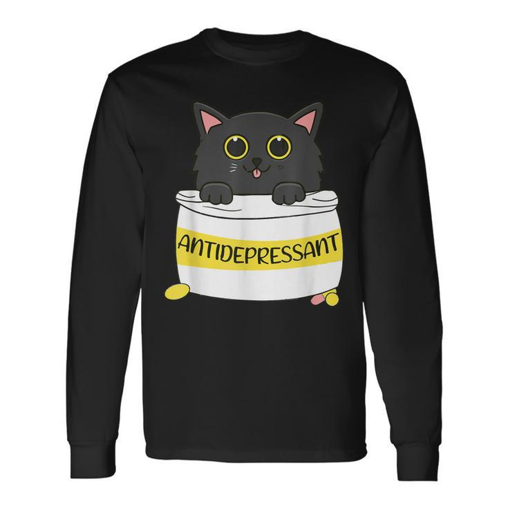 Fur Antidepressant Cute Black Cat Illustration Pet Lover Long Sleeve T-Shirt