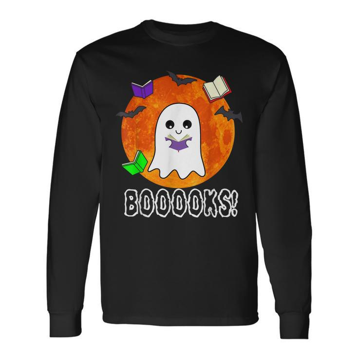 Ghost Book Boo Reading Booooks Halloween Library Teachers Long Sleeve T-Shirt
