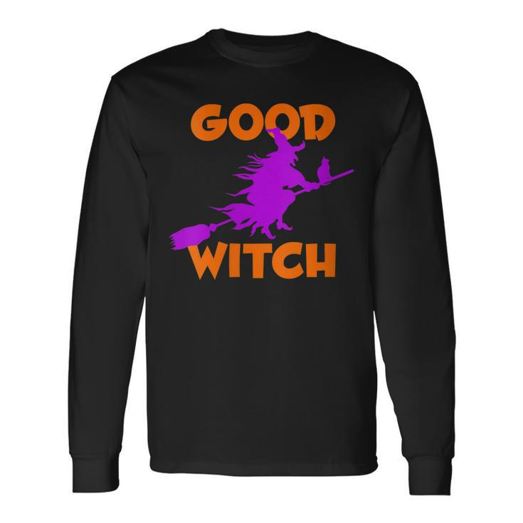 Good Witch Halloween Riding Broomstick Silhouette Long Sleeve T-Shirt