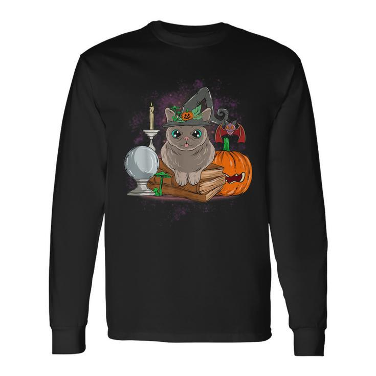 Grey Cat Witch Halloween Crystal Ball Books Bat Long Sleeve T-Shirt