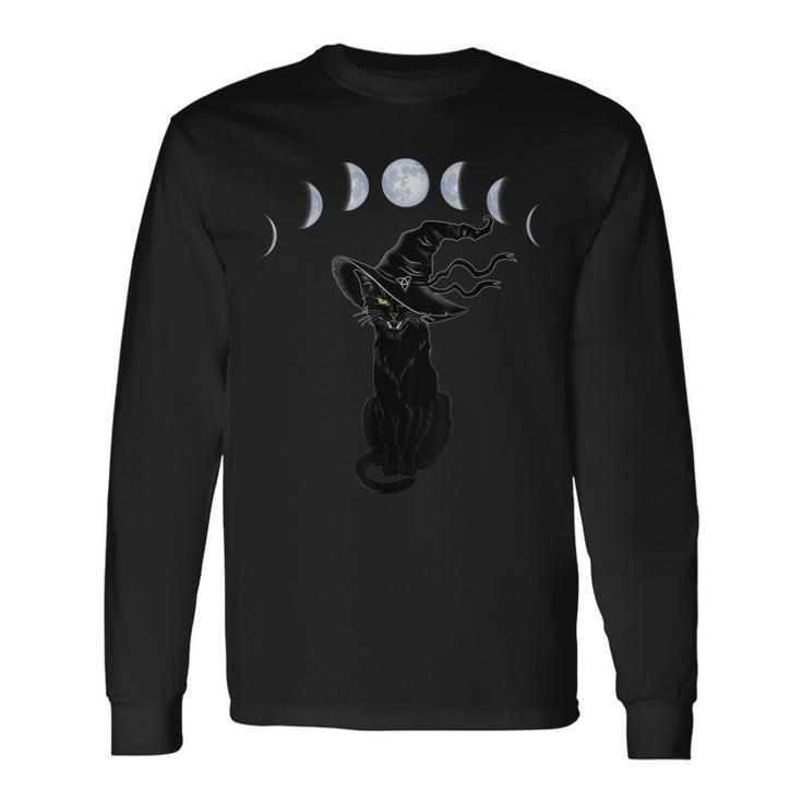 Halloween Black Cat With Witch Hat And Phases Of The Moon Long Sleeve T-Shirt