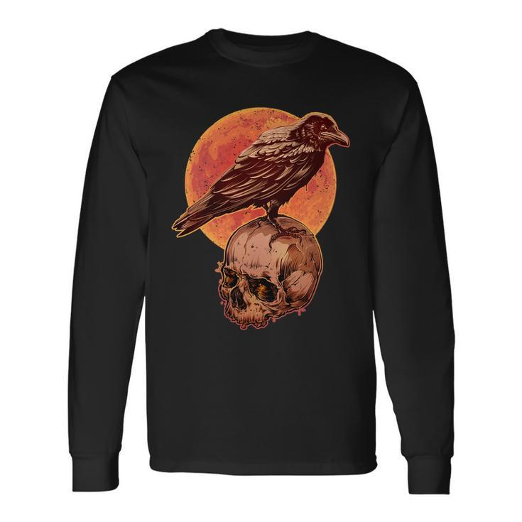 Halloween Cool Raven Crow Skull And Moon Long Sleeve T-Shirt