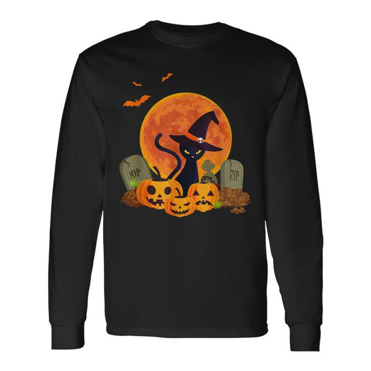 Halloween Cute Witch Cat Mom Pumpkin Graveyard Spooky Cat Long Sleeve T-Shirt