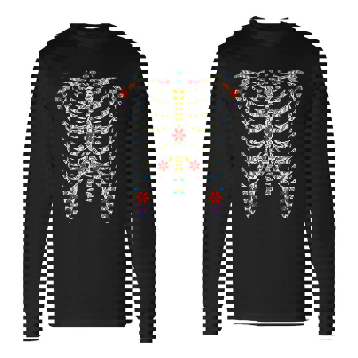 Halloween Day Of Dead Skeleton Flowers Decorated Men Women Long Sleeve T-Shirt T-shirt Graphic Print Gifts ideas