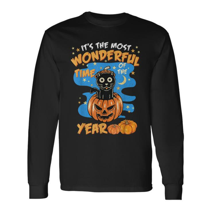Halloween Its The Most Wonderful Time Of The Year Cat Witch Long Sleeve T-Shirt - Thegiftio