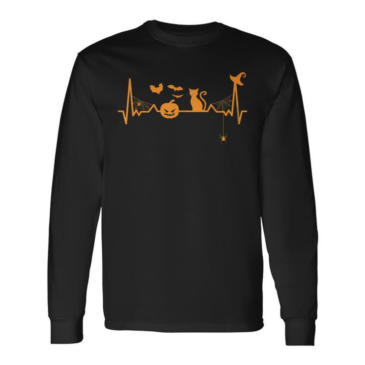 Halloween Lovers Heartbeat Pumpkin Black Cat Halloween Long Sleeve T-Shirt