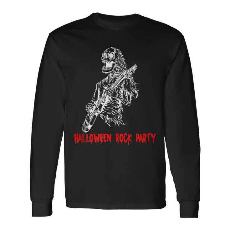 Halloween Rock Party Dancing Guitar Skeleton Playing Rock Long Sleeve T-Shirt