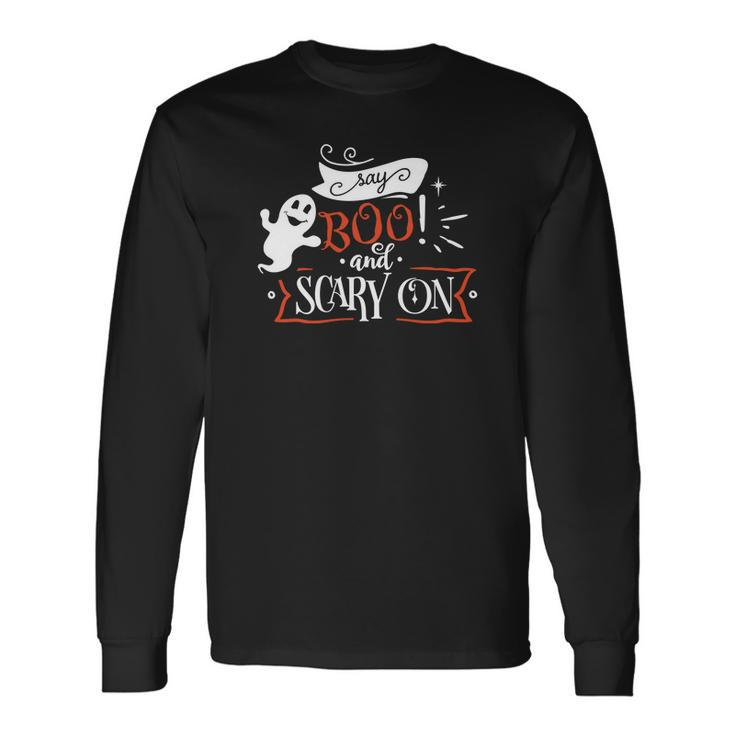 Halloween Say Boo And Scary On  Orange And White Men Women Long Sleeve T-shirt Graphic Print Unisex