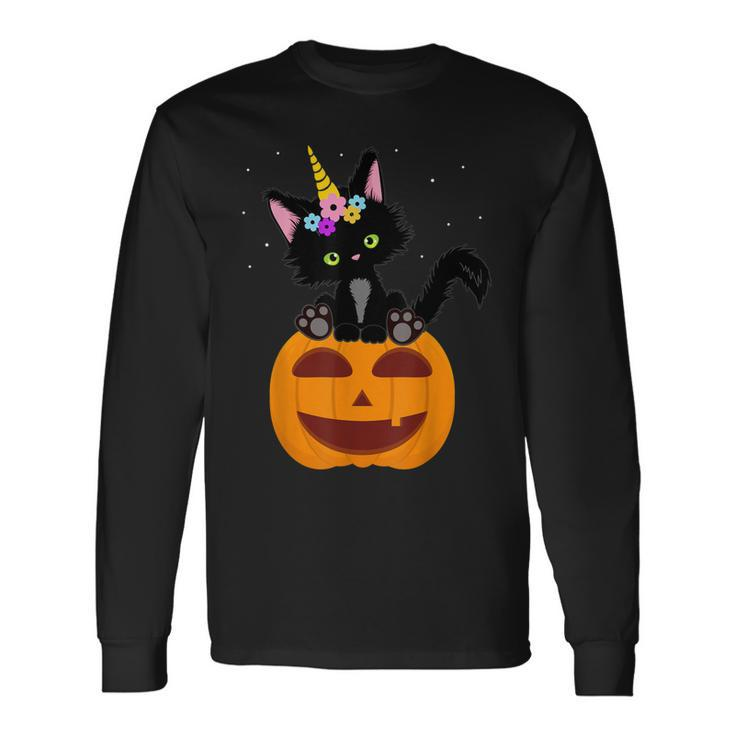 Halloween Unicorn Cat Black Pumpkin Scary Costume Girls Long Sleeve T-Shirt