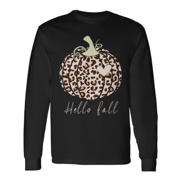 Hello Fall Animal Print Leopard Heart Pumpkin Fall Halloween Long Sleeve T-Shirt