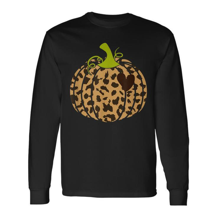 Hello Fall Animal Print Leopard Heart Pumpkin Fall Halloween V2 Long Sleeve T-Shirt