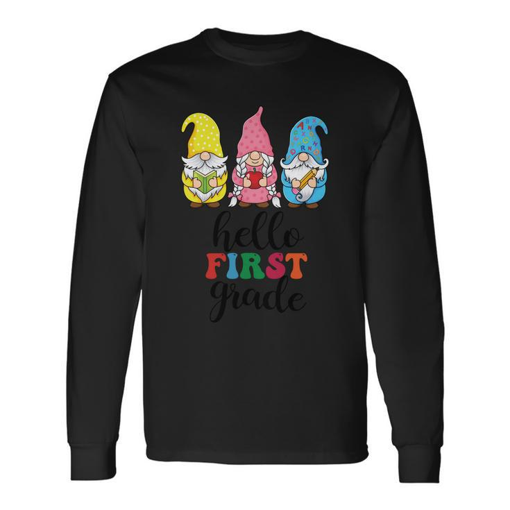 Hello First Grade School Gnome Teacher Students Graphic Plus Size Premium Shirt Long Sleeve T-Shirt Gifts ideas