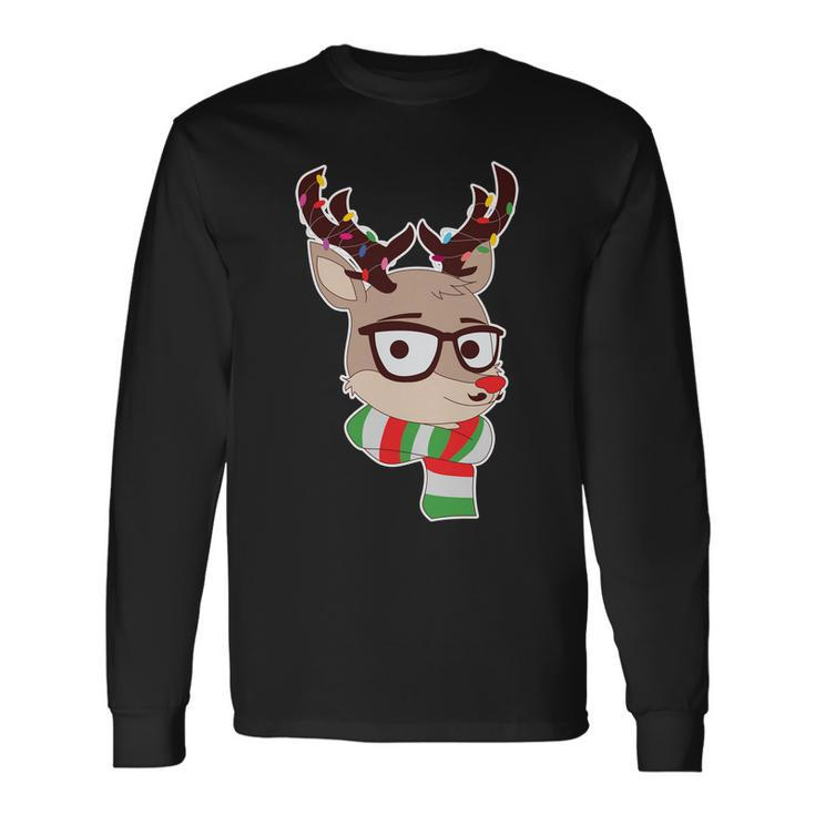 Hipster Red Nose Reindeer Christmas Lights Long Sleeve T-Shirt