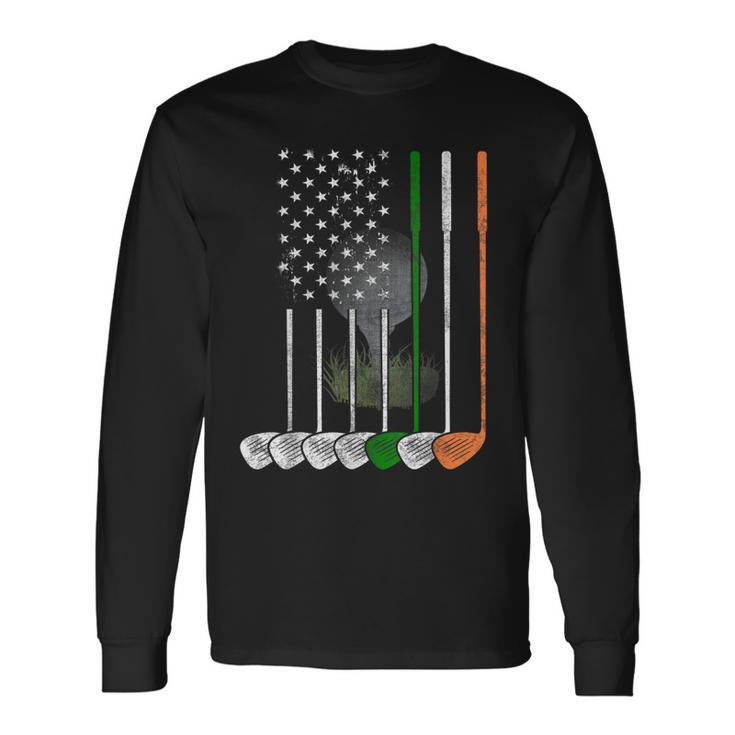 Irish American Flag Vintage Golf Flag St Patricks Day Men Women Long Sleeve T-Shirt T-shirt Graphic Print