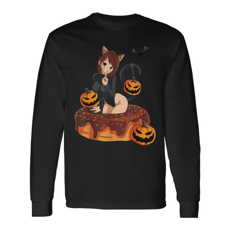 Kawaii Anime Halloween Black Cat Sexy Anime Girl In Donut Long Sleeve T-Shirt