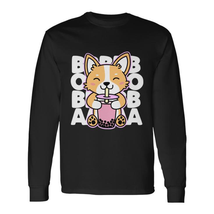 Kawaii Boba Cute Anime Dog Corgi Kawaii Tea Drjnk Dark Long Sleeve T-Shirt