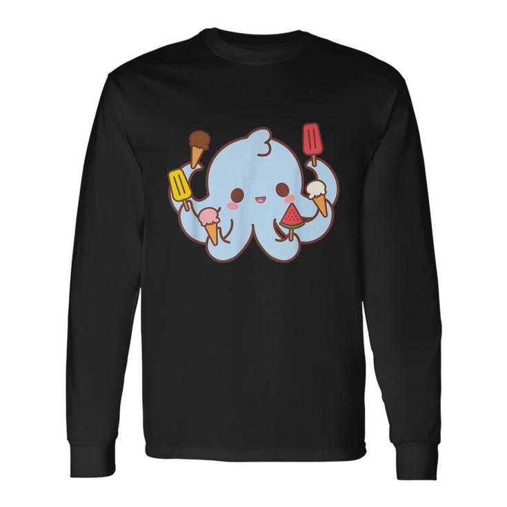 Kawaii Octopus Tako Ice Cream Lover Popsicle Watermelon Cute Long Sleeve T-Shirt