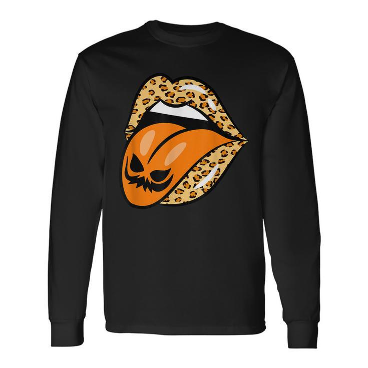 Leopard Lips Mouth Pumpkin Tongue Costume Halloween Women Long Sleeve T-Shirt