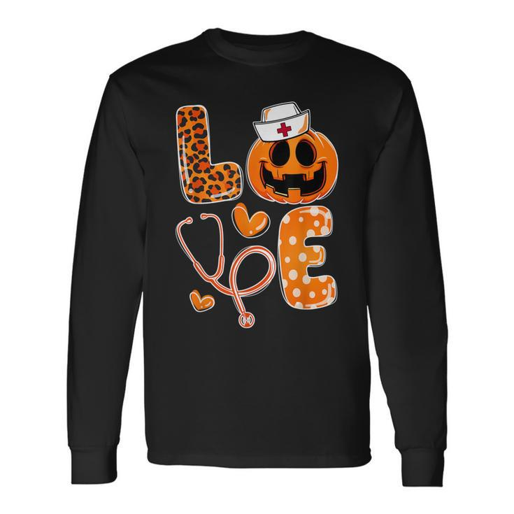 Leopard Love Cna Halloween Nurse Doctor Pumpkin Fall Long Sleeve T-Shirt