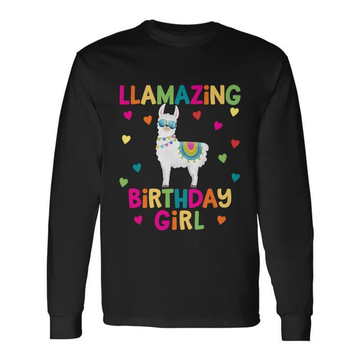 Llama Birthday Party Llamazing Girl Rainbow Hearts Long Sleeve T-Shirt