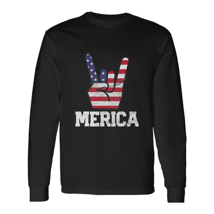 Merica Rock Sign 4Th Of July Vintage American Flag Long Sleeve T-Shirt