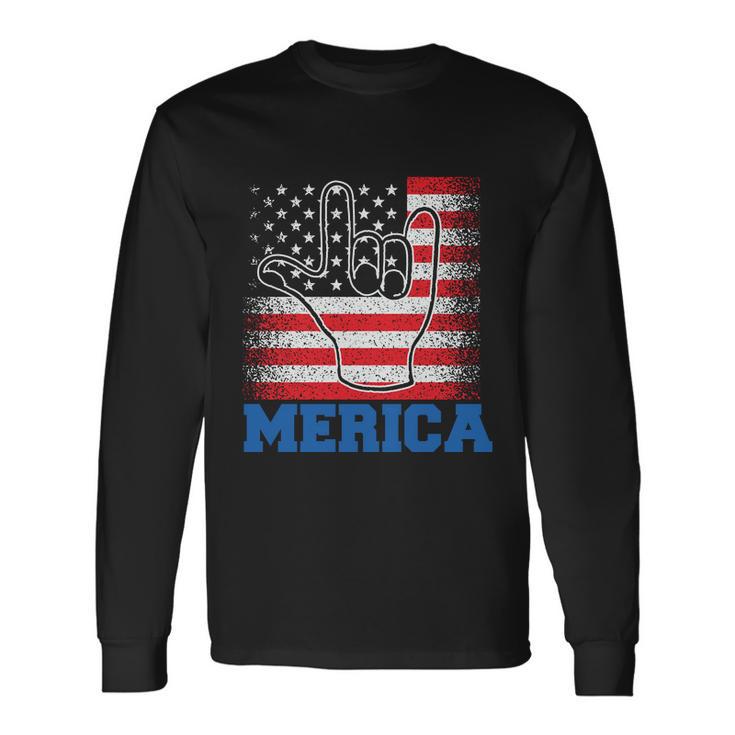 Merica Rock Sign 4Th Of July Vintage Plus Size Graphic Shirt For Men Women Famil Long Sleeve T-Shirt