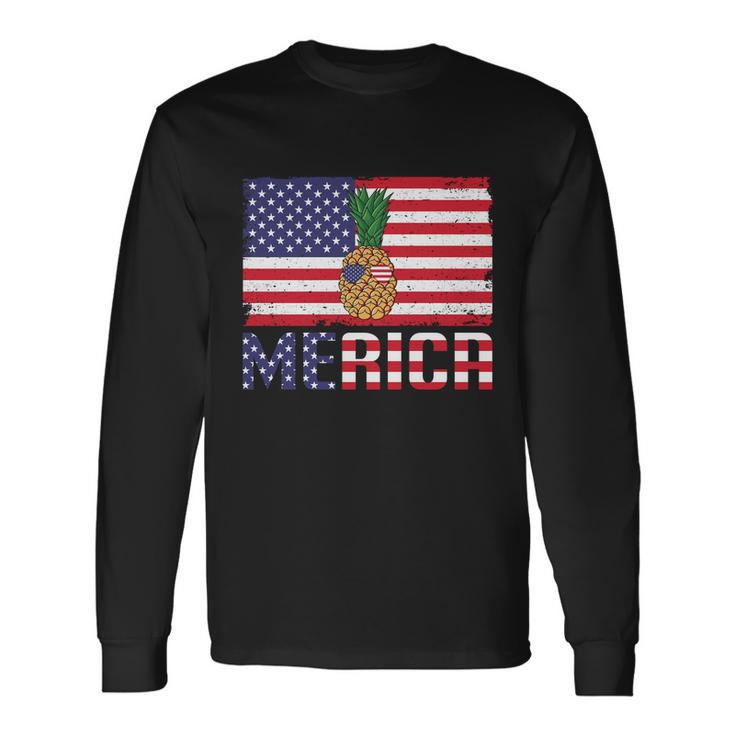 Merican Pineapple Usa Flag Graphic 4Th July Plus Size Shirt Long Sleeve T-Shirt