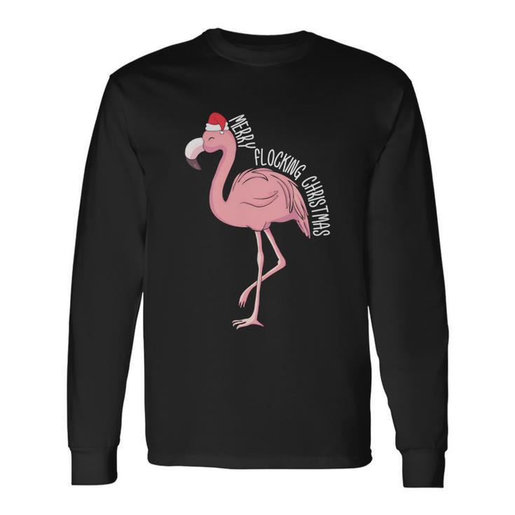 Merry Flocking Xmas Tropical Flamingo Christmas In July Long Sleeve T-Shirt