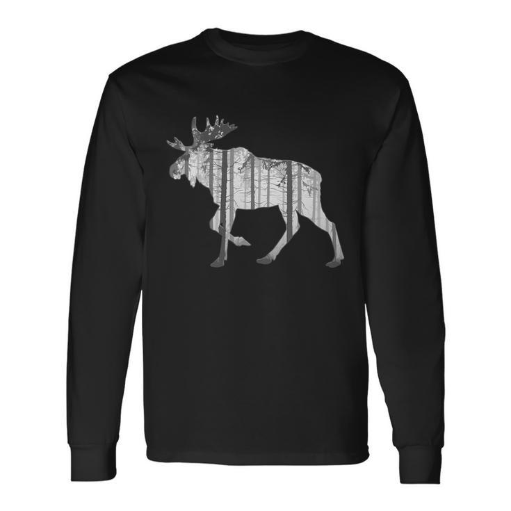 Moose Forest Silhouette Grey Style Tshirt Long Sleeve T-Shirt