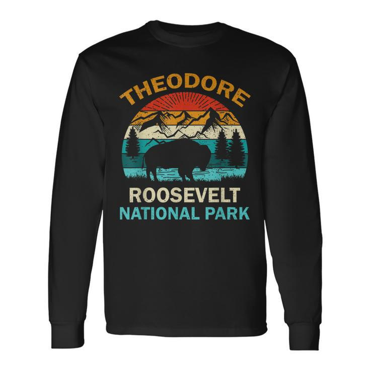 Theodore Roosevelt National Park North Dakota Buffalo Retro Long Sleeve T-Shirt