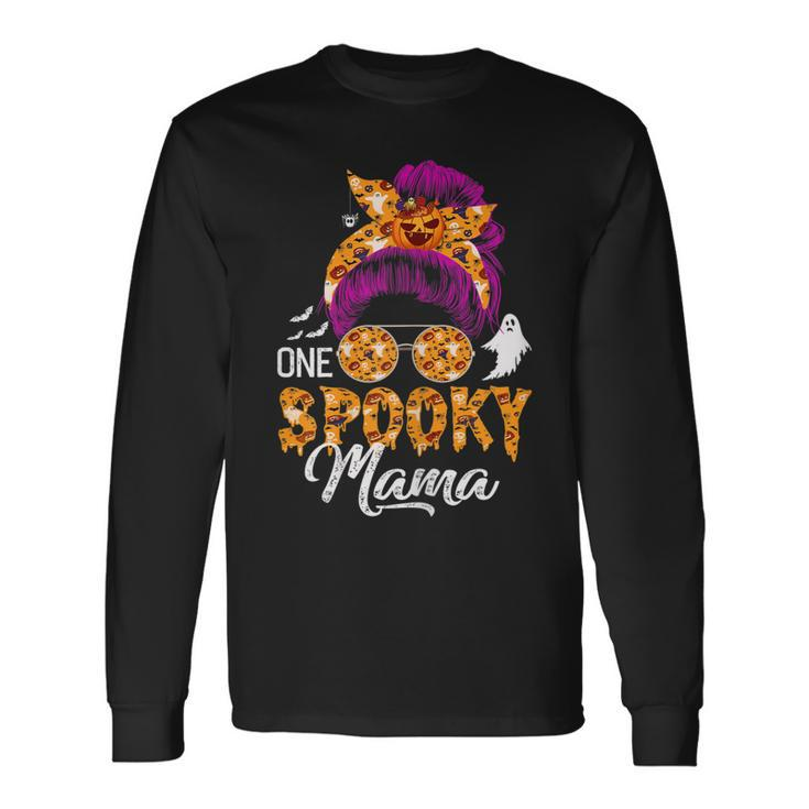 One Spooky Mama Halloween Messy Bun Hair Ghosts Lover Long Sleeve T-Shirt Gifts ideas