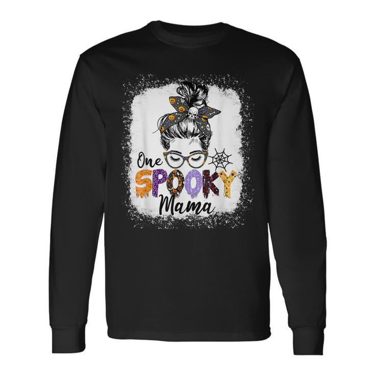 One Spooky Mama Messy Bun Skull Halloween Mom Life Long Sleeve T-Shirt