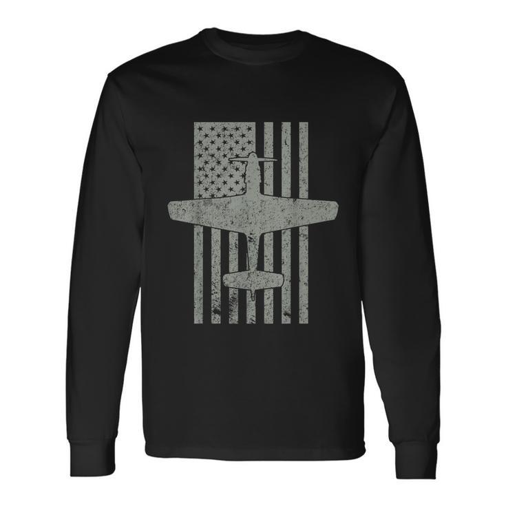 P51 Mustang Wwii Fighter Airplane Vintage Flag Long Sleeve T-Shirt