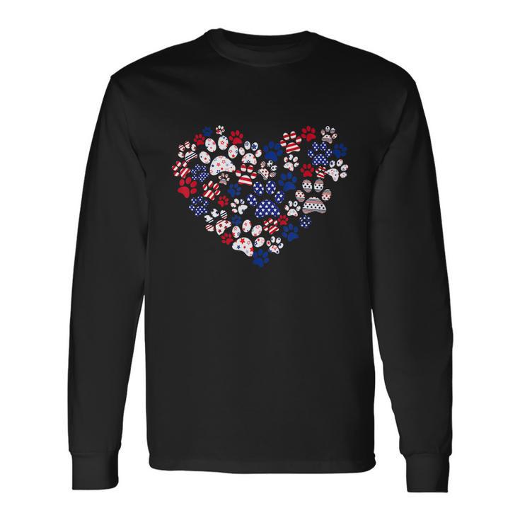 Patriotic Heart American Flag 4Th Of July Dog Paw Prints Long Sleeve T-Shirt