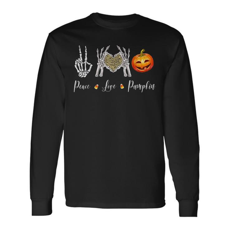 Peace Love Pumpkin Halloween Skeleton Hand Leopard Heart Long Sleeve T-Shirt