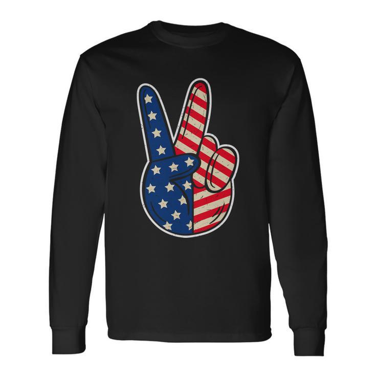 Peace Sign Hand Patriotic American Graphic Plus Size Shirt For Men Women Long Sleeve T-Shirt