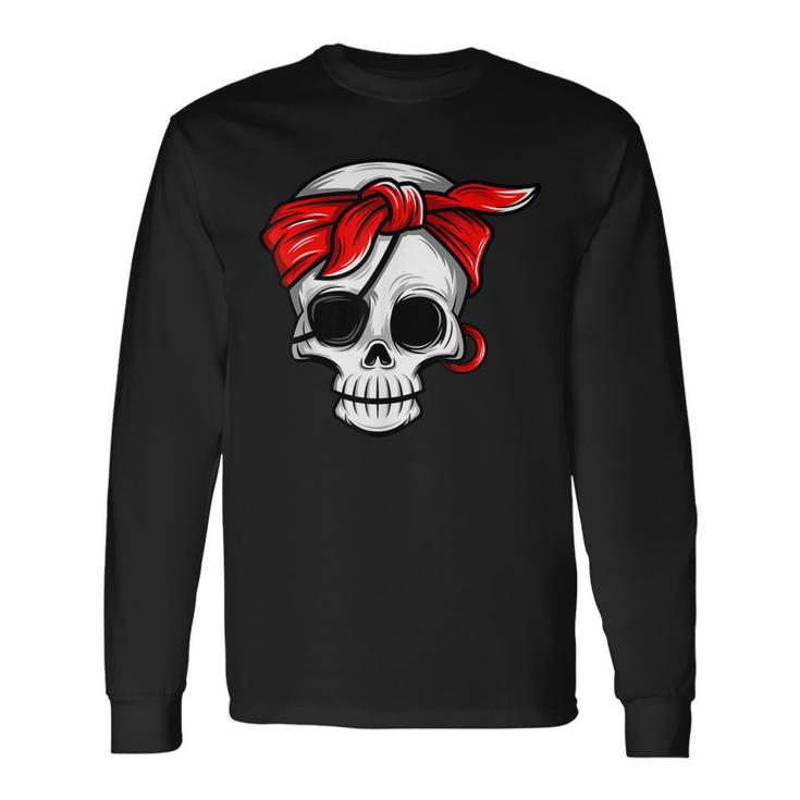 Pirate Dead With Eye Patch Red Bandana Halloween Diy Costume Long Sleeve T-Shirt