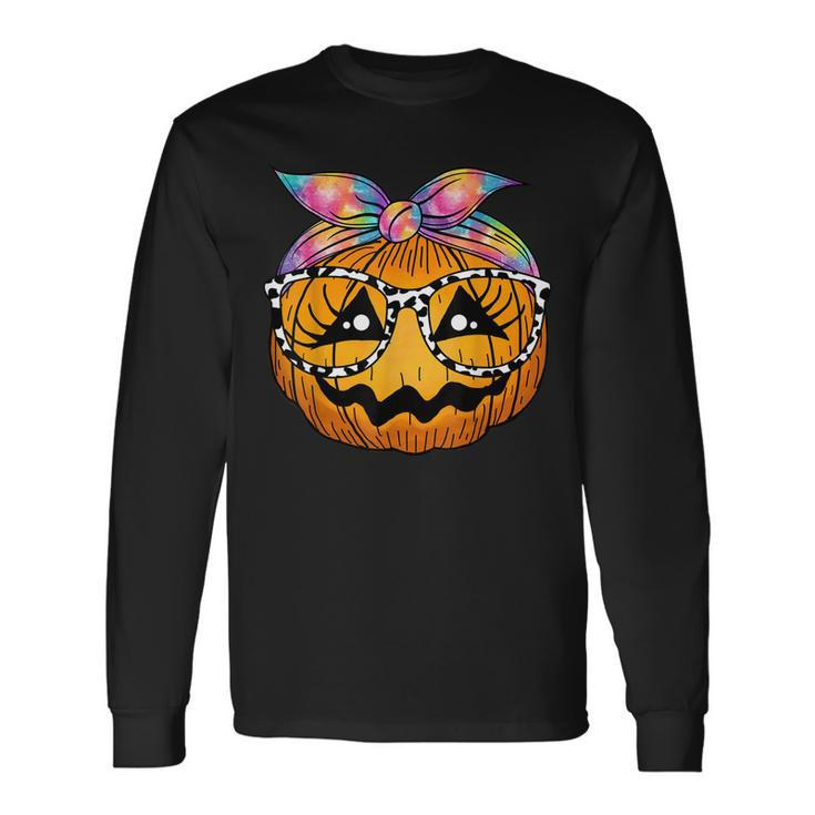 Pumpkin Face Tie Dye Leopard Glasses Halloween Costume Long Sleeve T-Shirt