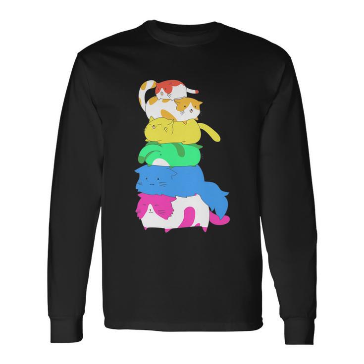 Purride Rainbow Lgbt Cat Pile Feline Gay Pride Cat Long Sleeve T-Shirt