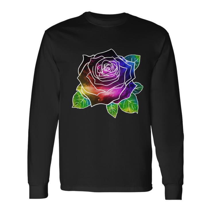 Rainbow Galaxy Floral Rose Long Sleeve T-Shirt